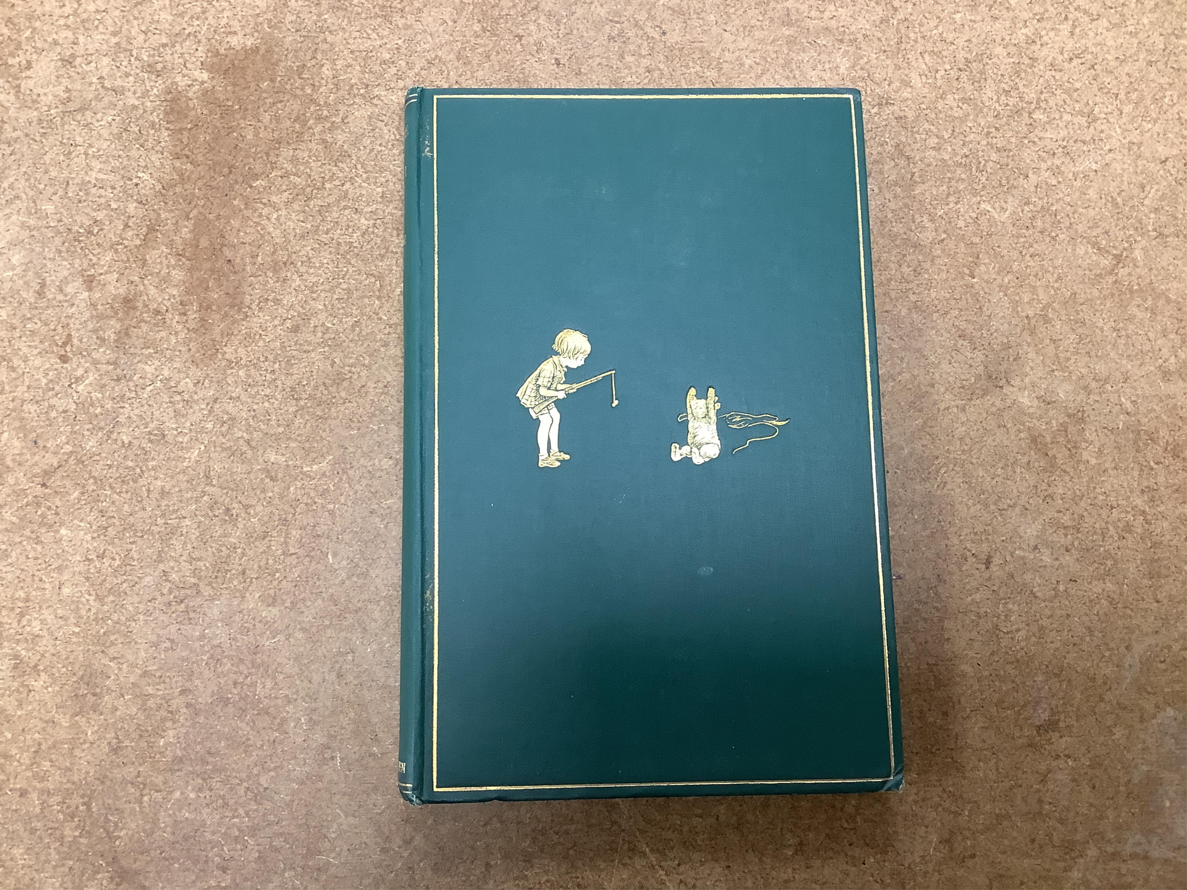 Milne, A.A. - Winnie-the-Pooh... with decorations by Ernest H. Shepard. First Edition. title and num. illus. (some full page), pictorial map on e/ps., half title; publisher's gilt ruled and pictorial green cloth, gilt to
